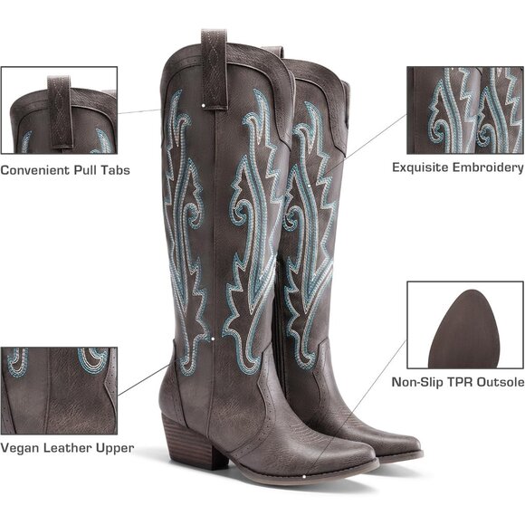 Women's Black Embroidered Cowboy Knee High Boots Comfortable Pull On Side Zipper - Picture 3 of 9